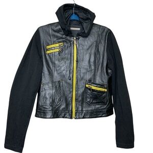 Vintage Black Leather Biker Jacket Hooded Yellow Zip Sz M Cotton Sleeves Y2K